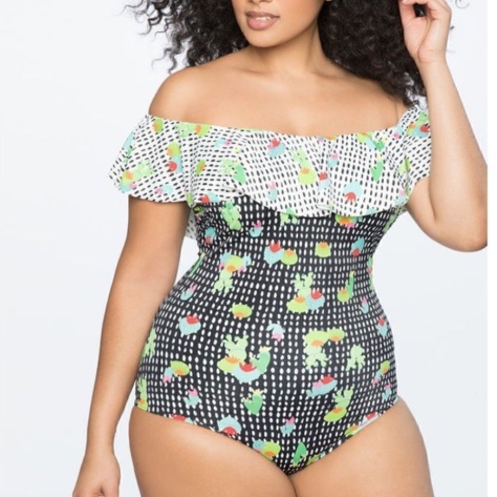 Eloquii Cactus Ruffle Off the Shoulder One Piece Swimsuit Sz 12